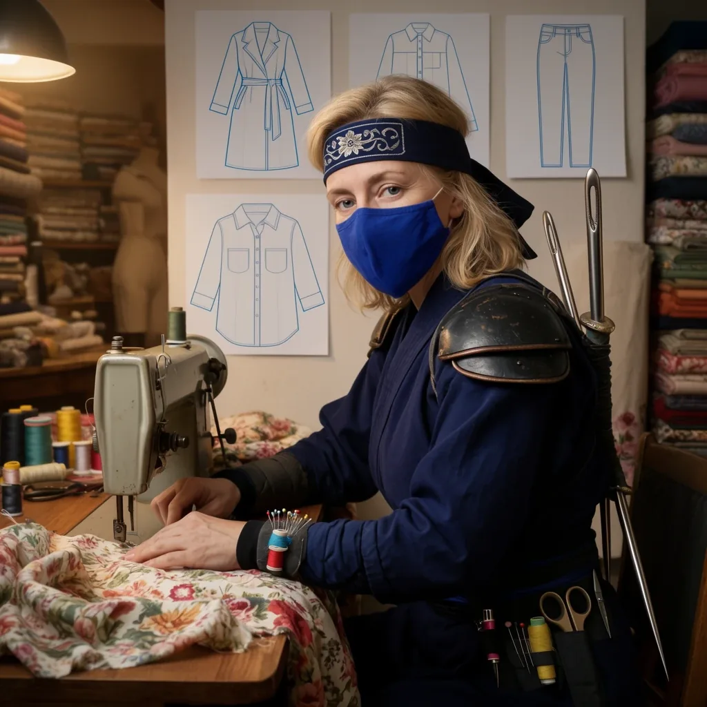 The maker looking at the camera in a blue mask and embroidered headband